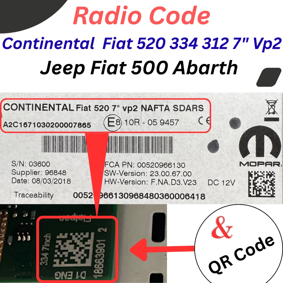 Unlock Code for Jeep Fiat 500 Abarth CONTINENTAL 7" Fiat 520 334 312 Radio Code - Image 1 of 1