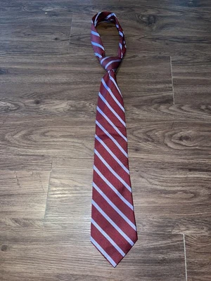 Claiborne Tie Mens Burgundy Red Gray Striped 100% Silk Hand Made Necktie Classic - Image 1 of 4