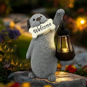 Dog Garden Statue with Solar Lantern, Cute Dog Figurine Light Decor with Welcome - Picture 1 of 6