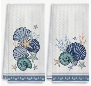 Ocean Shells Starfish Reef Ultra Absorbing Cottage Tea Kitchen Dish Towel Set - Picture 1 of 4