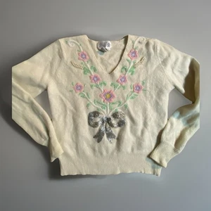 VTG  Julia  Collection L Angora‑Lambswool Beaded Floral Bow Sweater Ivory - Picture 1 of 8
