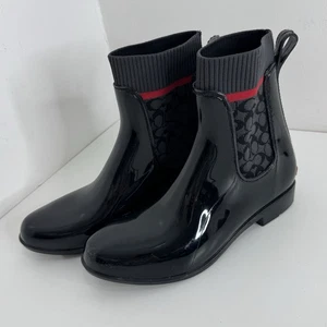 Botas de lluvia COACH Rivington de charol al tobillo tejidas ladrón talla 8 negras - Imagen 1 de 8
