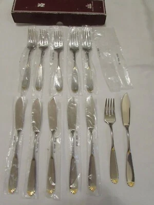 WMF Cromargan Prisma Gold Dekor Fischbesteck 6 P. Messer Gabel Besteck neu OVP - Bild 1 von 4