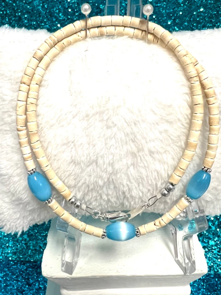 Charming Blue Cats Eye and Vanilla Coconut Wood Necklace Made in The USA 19 Inch - Image 1 of 1