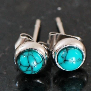 1 Pair Bezeled 6 mm Semi Precious Turquoise Stone 316L Surgical Steel Earrings - Picture 1 of 3