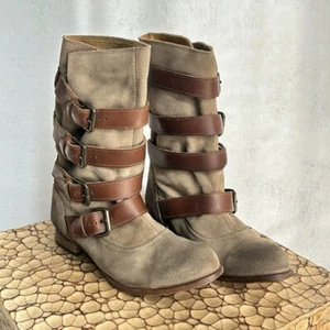 Retro Womens Real Suede Leather Mid Calf Boots Buckle Round Toe Riding Knight Sz - Picture 1 of 15