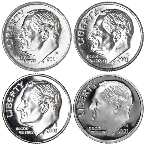 2001 P D S S Roosevelt Dime Year Set Silver & Clad Proof & BU US 4 Coin Lot Cover