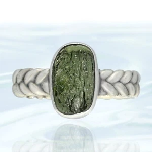 Czech Green Moldavite Raw Ring with 925 Sterling Silver - Picture 1 of 5