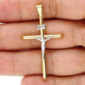 Colgante Cruz Crucifijo Jesús Blanco Dos Tonos Oro Real 14K 1.2"-2.2" - Imagen 1 de 26