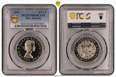 MONEDA MEDIA CORONA NUEVA ZELANDA PROOF AÑO 1953 KM#29.1 GRADUACIÓN PROFESIONAL PR64 Foto 1 de 3