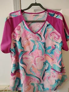Scrubstar 3 Pocket Pink/Blue Paint Pour Scrub Top Size XL (46 Bust) - Picture 1 of 1