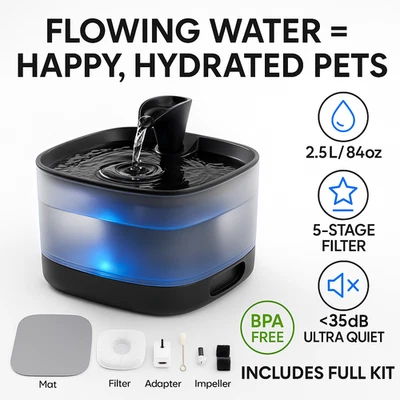 Fuente de Agua para Gatos 2.5L Dispensador Automático para Mascotas Filtro LED Silencioso para Perros Gatos Foto 1 de 4