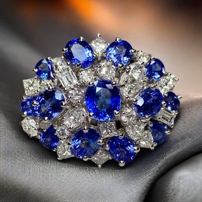 Estate 18K White Gold Fancy Diamond Sapphire Large Cluster Cocktail Ring 10ctw - Image 1 of 4