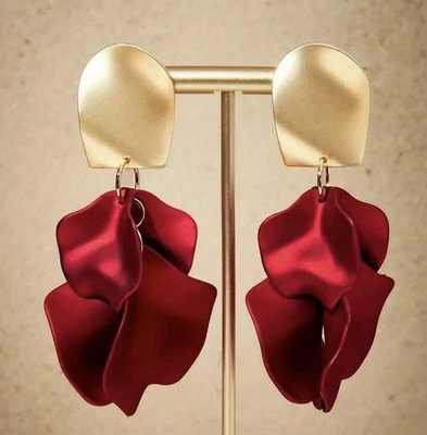 Fashion Women Red Rose Flower Petal Dangle Earrings Trendy Korean Jewelry Unique - Image 1 of 2