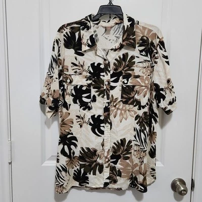 Женская рубашка на пуговицах White Stag XL из льняной смеси с нейтральным принтом в виде тропических листьев - Изображение 1 из 4