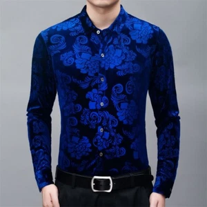 Men's Retro Golden Velvet Shirt Casual Middle-aged Long-sleeved Jacquad Tops - Picture 1 of 22