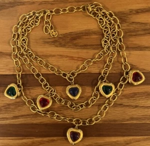 Givenchy Vintage Cabochon Necklace Multicolor Heart Gripoix Charm Gold 1980’s - Picture 1 of 10