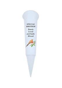Brother White Plastic Memorial Spike Vase with Robin - Cemetery Graveside - Picture 1 of 3