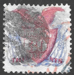 #121 VF-30¢ 1869 PICTORIAL-EAGLE, SHIELD & FLAGS-3 Color Cancels (REM #121-3) - Picture 1 of 2