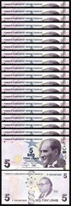 Turkey 5 Lira 2009 - 2022, UNC, 20 Pcs LOT, Prefix F, P-222f, New Sign - Picture 1 of 5