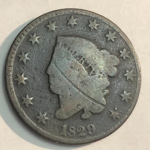 1829 Coronet Head large cent. Good, scratch. #nd1 Cover