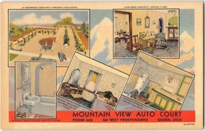 Postal de lino de los años 40 de Ogden, Utah Mountain View Auto Court Roadside Interiors - Imagen 1 de 2