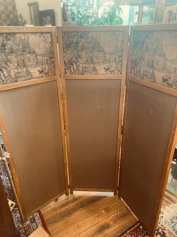 Antique Arts & Crafts Oak Three-Panel Dressing Screen Tiger Oak Tapestry Insert Cover