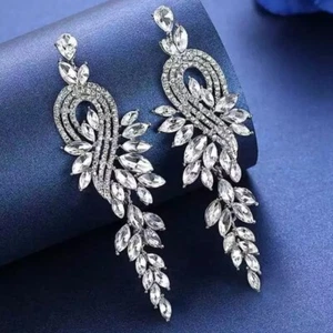 Rhinestone Long Drop Earrings Dangle Statement Earrings Wedding Bridal Prom - Picture 1 of 6