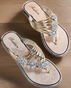 Woman's Size 7.5 Flat Sandals Flip Flops Dressy Bejeweled Thong Sandals - Picture 1 of 7