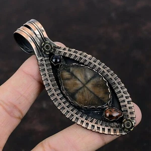 Chiastolite Stone Mahogany Obsidian Copper Wire Wrapped Flower Mother Pendant - Picture 1 of 6