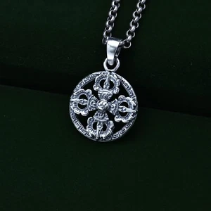 L25 Pendant Buddhist Vajra Patterned IN Circle Sterling Silver 925 - Imagen 1 de 5