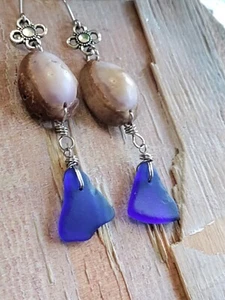 Meer Glas lange Ohrringe Aloha Hawaii Strand lässig elegant kobaltblau Muscheln - Bild 1 von 7
