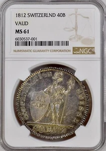 1812 Switzerland Vaud 40 Batzen - Silver Thaler NGC MS61 - Lustrous Beauty! - Picture 1 of 4