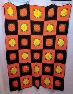 VTG Floral 3D Granny Afghan Hand Knit Throw Blanket Crochet 55x43in - Picture 1 of 6