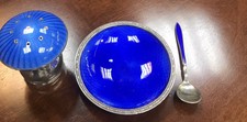 Beautiful Norweigan Enamelled Silver Salt Pepper And Spoon.