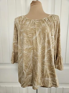 Michael Kors White And Tan Palm Print Top With Flared 3/4 Sleeves Size M - Picture 1 of 8