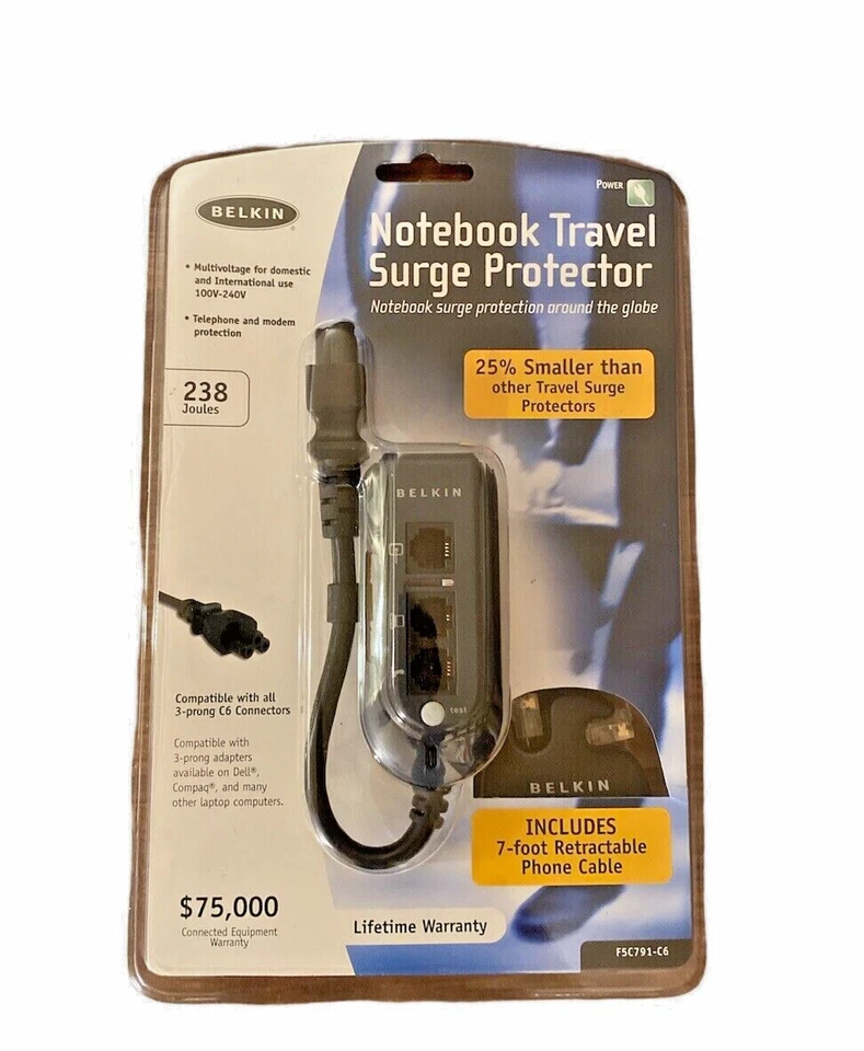 Travel Surge Protector Belkin Notebook Computer Laptop Three Prong C6 Connection - Image 1 of 1