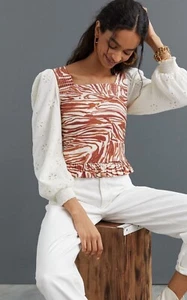 Anthropologie Love The Label Smocked Puff-Sleeve Blouse Size XL MSRP $180.00 - Picture 1 of 7
