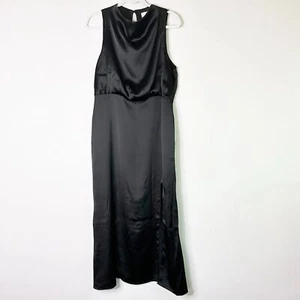 Abito donna PRETTY SONTUOSO 16 curvo nero raso impero collo alto spacco midi nuovo con etichette - Foto 1 di 12