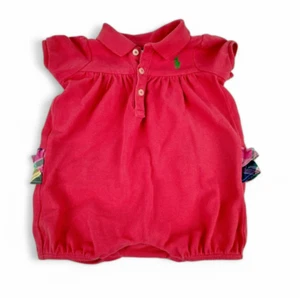 Ralph Lauren Baby Girl Bubble Romper 3M Cotton Pique Pink Ruffled Bottom Pony - Picture 1 of 7
