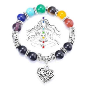 10MM 7 Chakra Balance Stone Beaded Bracelet Yoga Reiki Charm Heart Bracelets - Picture 1 of 9