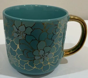 Thyme & Table Drinkware Teal & gold Succulent Stoneware Coffee Tea Mug Cup - Picture 1 of 6