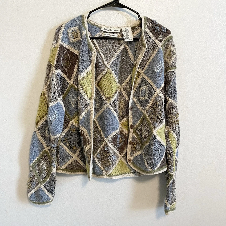 Vintage Knitted by Hand Silk Wool Blend Blue Green Granny Sweater Cardigan L - Image 1 of 4