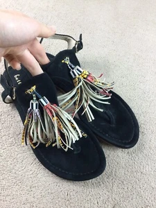 Bettye Muller Sandals Black Womens Size 8M Fringe Leather - Picture 1 of 10