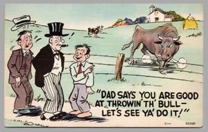 Boy To Politician Dad Says You're Good At Throwin' Th' Bull' 1930 Comic Postcard - Picture 1 of 2