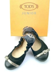 TOD'S Girls Italian Suede Ballet Flat in Black with Bronze Accent US SZ 10 - NEW - Picture 1 of 8