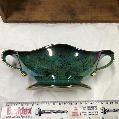 Vintage Crown Devon Peacock Green Lustreware Oval 2 Handled Dish Gold Trim • 20$
