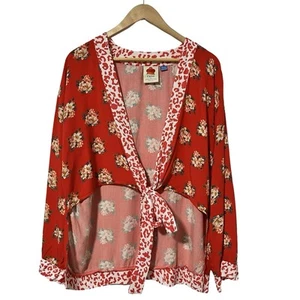 Anthropologie Farm Rio Red Coral Floral Kimono Tie Front Top OS Swim Coverup - Picture 1 of 7