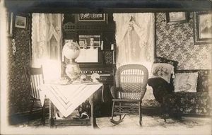RPPC West Salem,WI Victorian Parlor Ornate Wallpaper Lace Curtains Wisconsin - Picture 1 of 5
