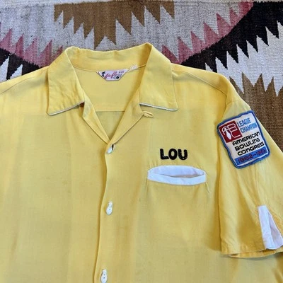 Vintage 1950s Air Flo Rayon Bowling Shirt Sz L - Yellow - Image 1 of 4